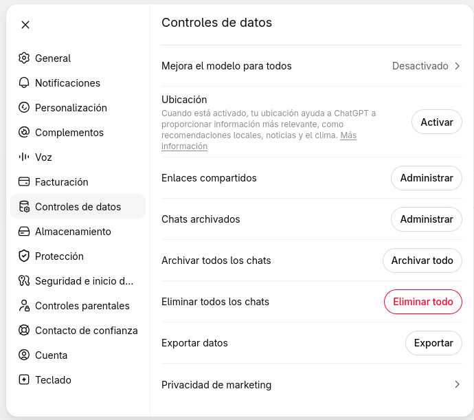 Sección de Controles de datos