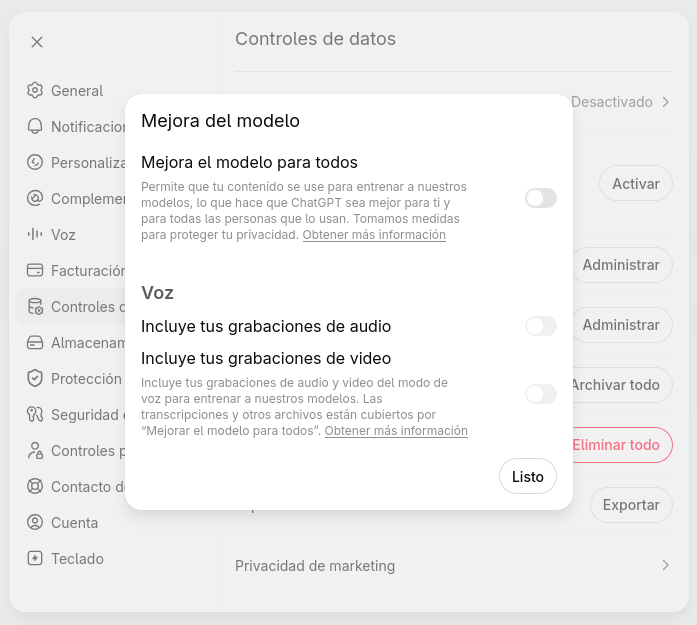 Toggle para desactivar mejora del modelo