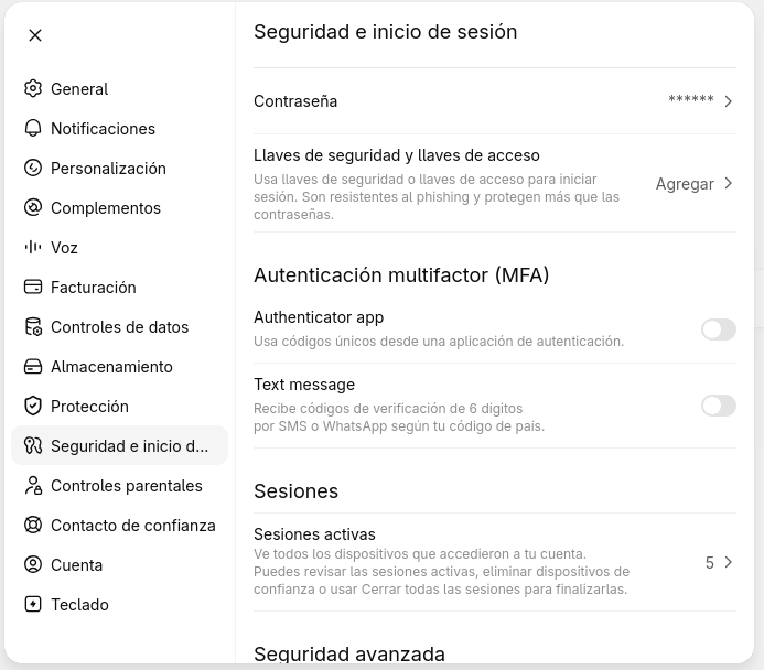 Pantalla de Seguridad e inicio de sesión mostrando MFA, sesiones y opciones de contraseña