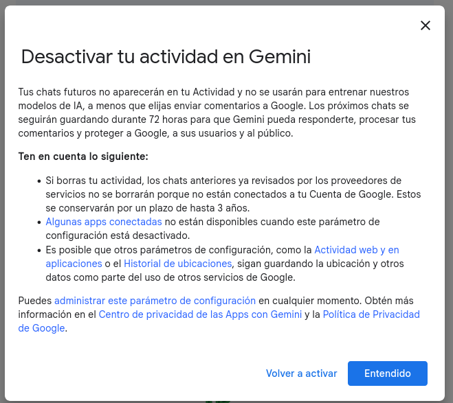 Página de actividad de Gemini — opción de conservar actividad
