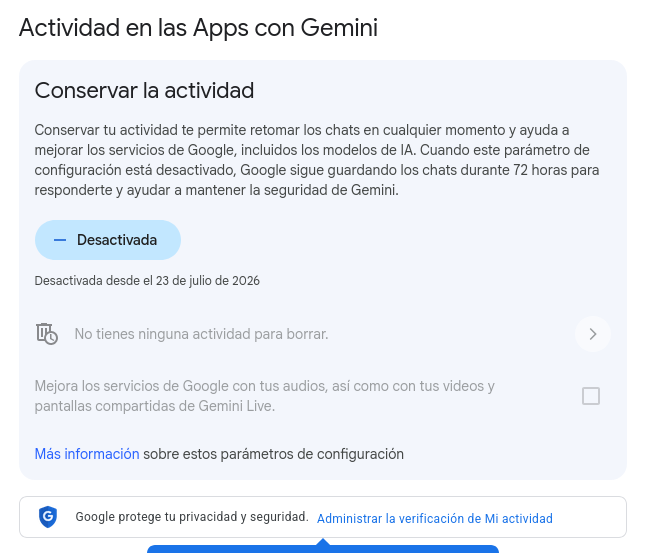 Actividad desactivada — confirmación