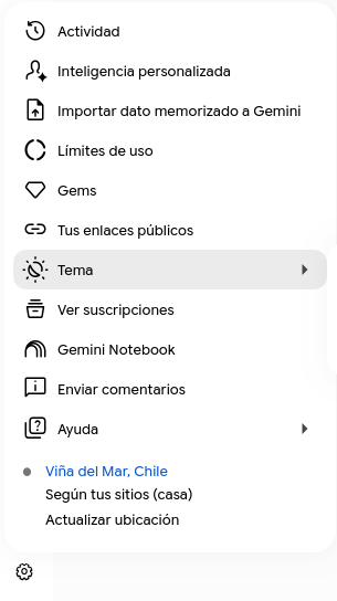 Menú de configuración de Gemini