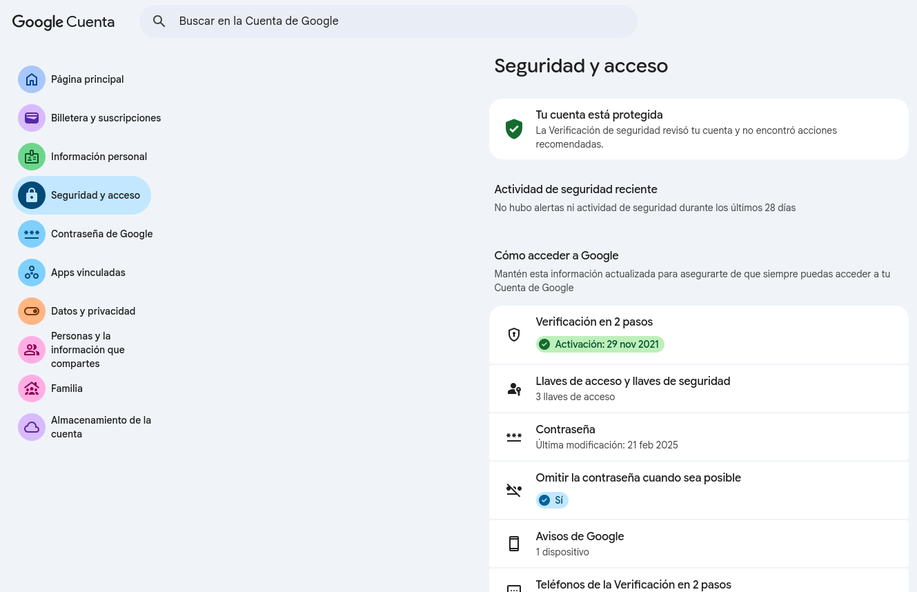 Pantalla de seguridad y acceso de la cuenta Google