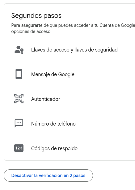 Tipos de MFA disponibles en Google