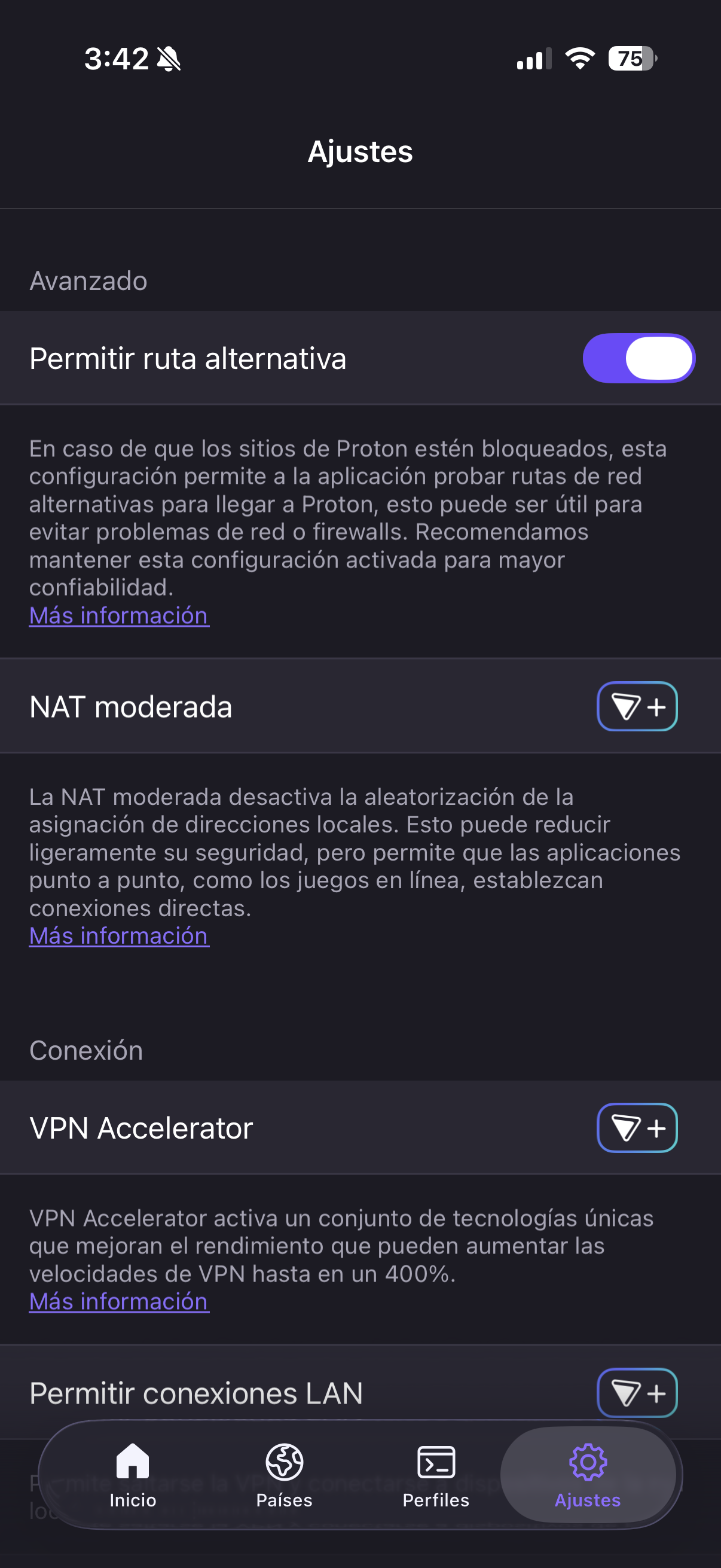 Ajustes avanzados de Proton VPN
