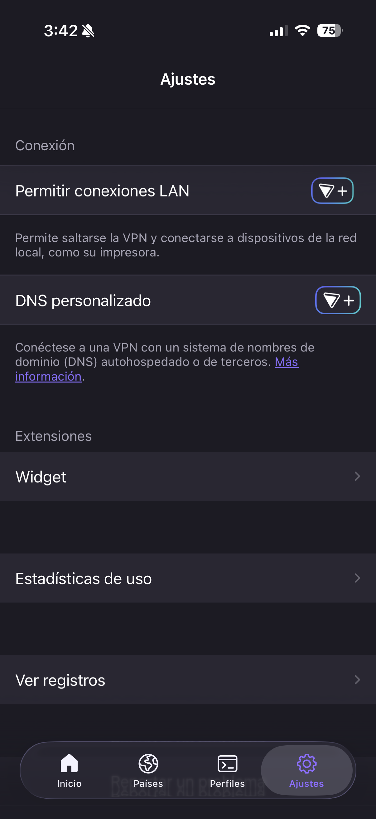 Ajustes de conexión y extensiones
