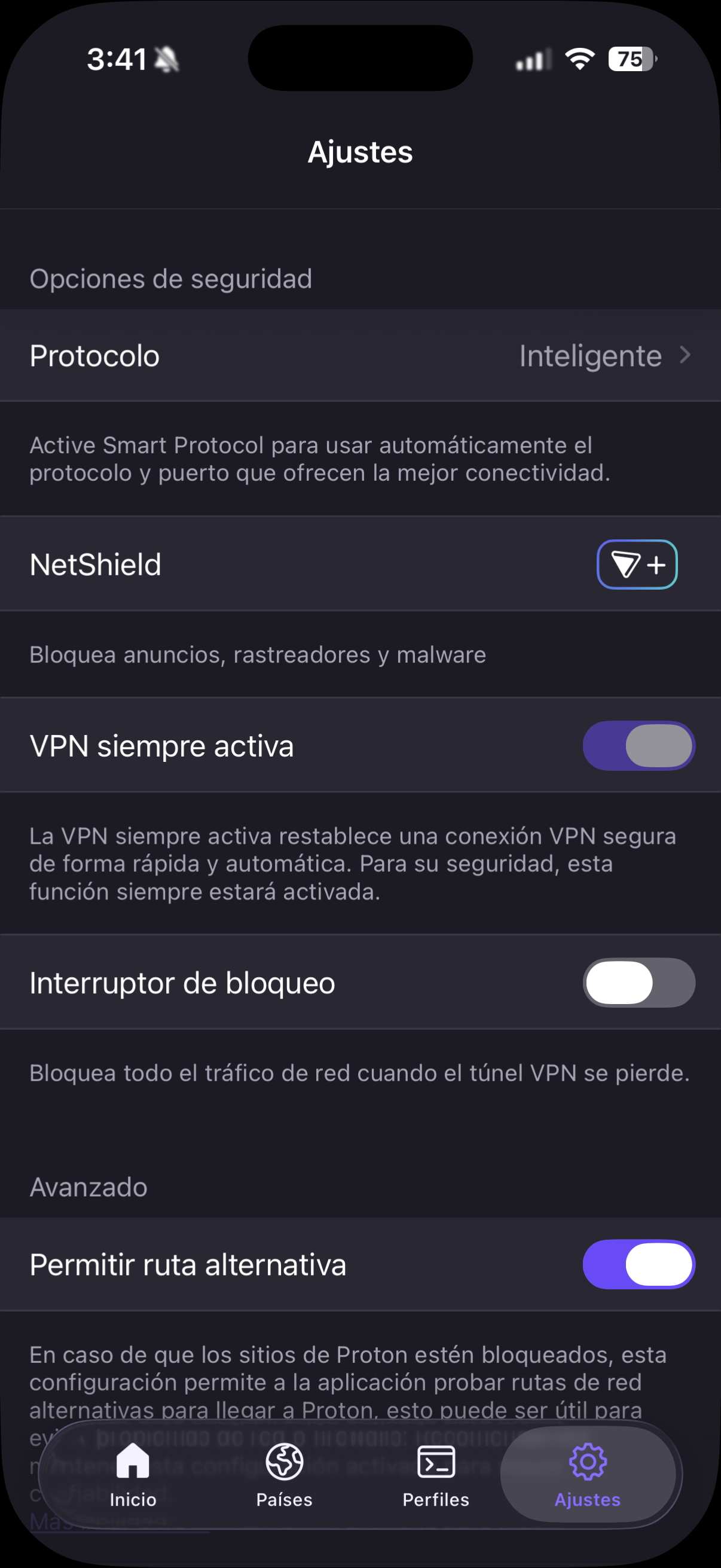 Pantalla de ajustes de Proton VPN