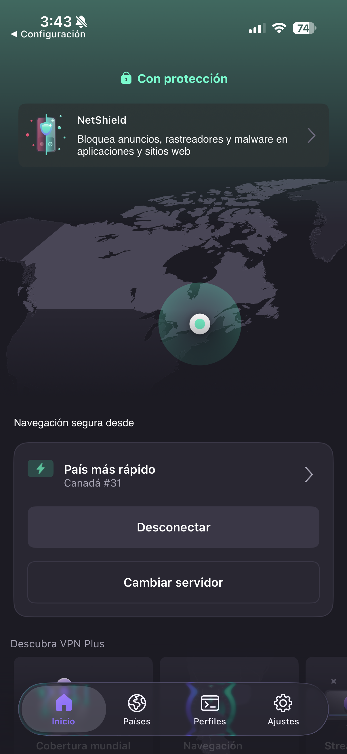 Proton VPN conectado con protección activa
