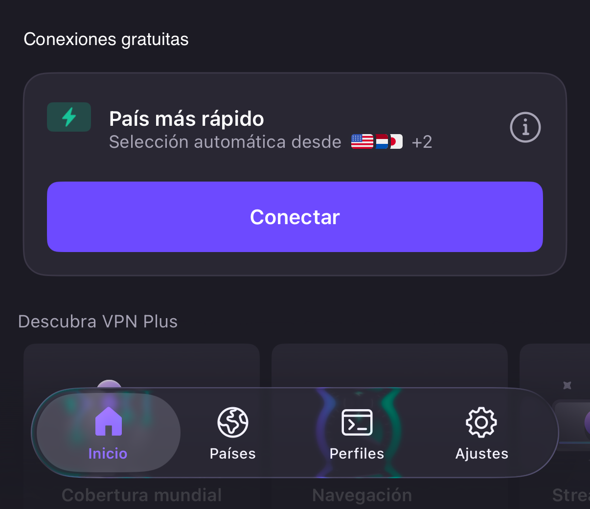 Pantalla de conexión con País más rápido