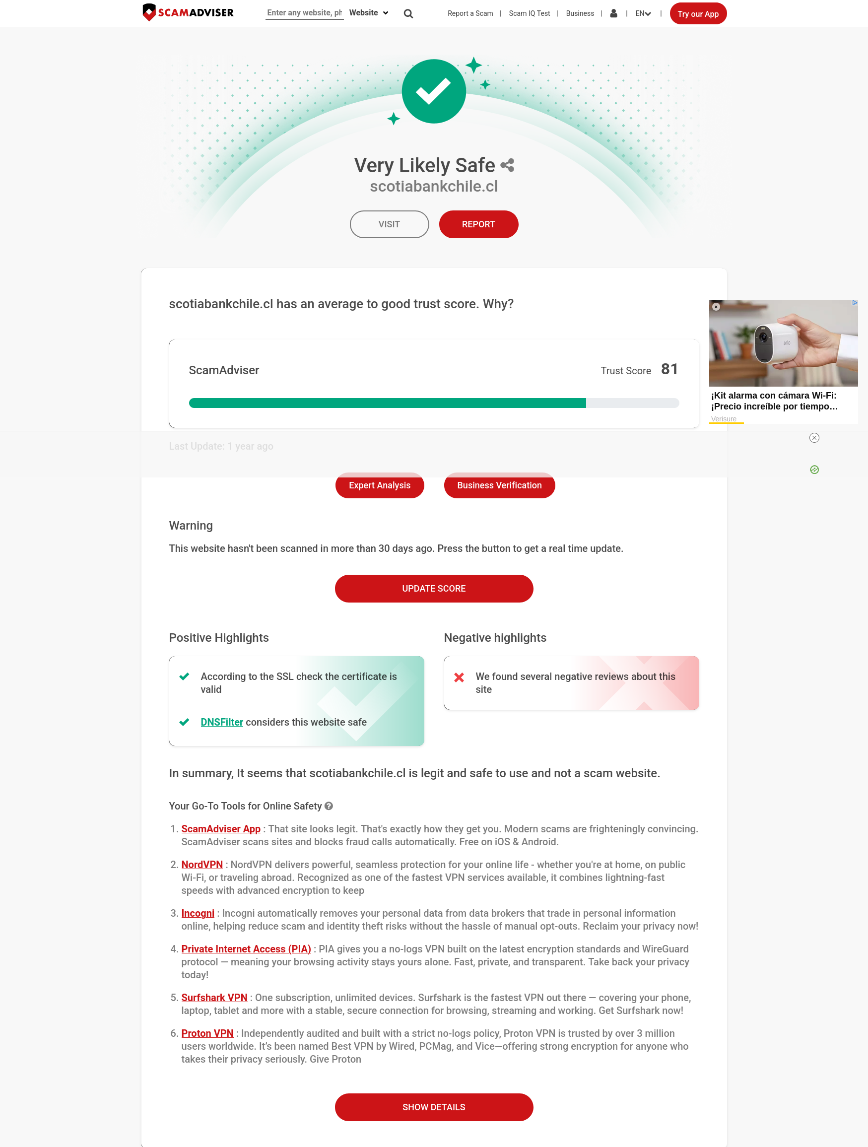 Sección de highlights en ScamAdviser