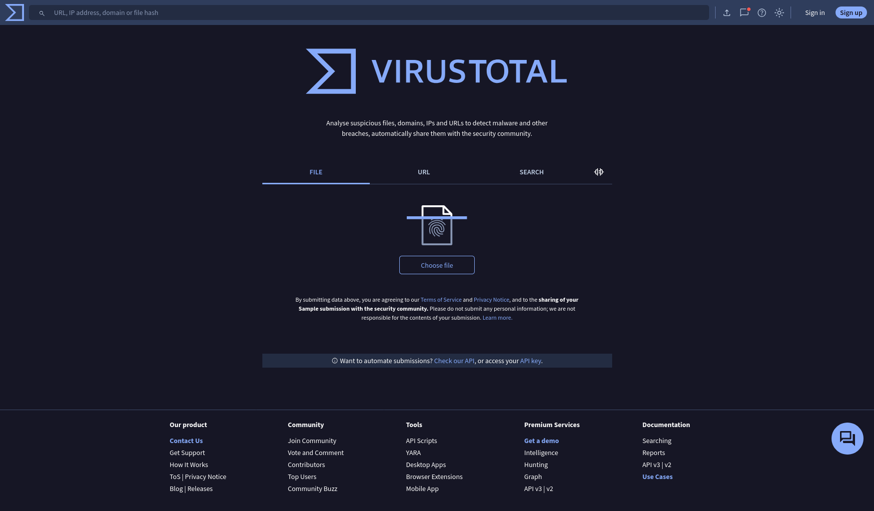 Página principal de VirusTotal con las pestañas FILE, URL y SEARCH