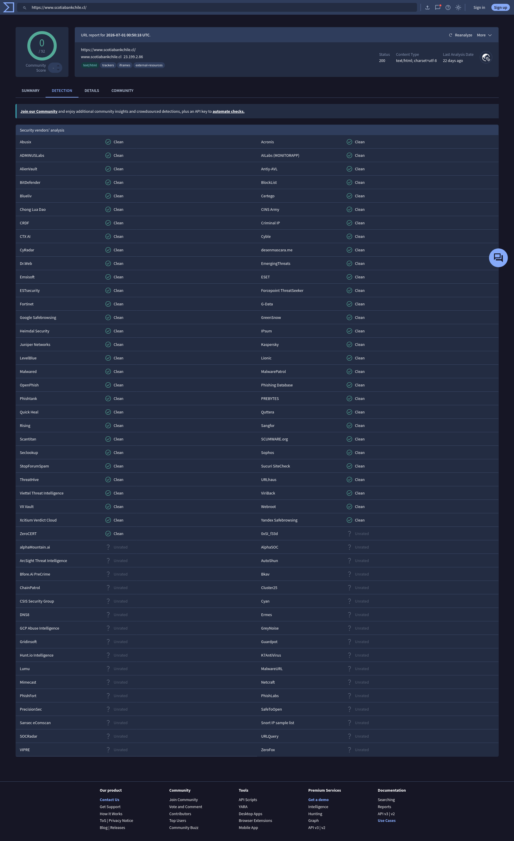 Resultado de VirusTotal mostrando 0/92 — ningún motor detectó amenazas